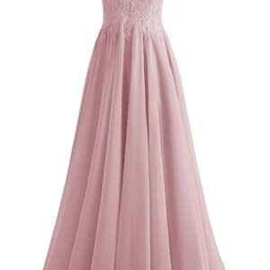 V-Neck Bridesmaid Dresses for Women 2024 Lace Appliques Chiffon Prom Dress Formal Evening Party Gowns（Pink）