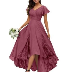 Tea Length Mother of The Bride Dresses for Wedding 2024 Lace Ruffle Sleeves Chiffon Ruched Bridesmaid Formal Dress