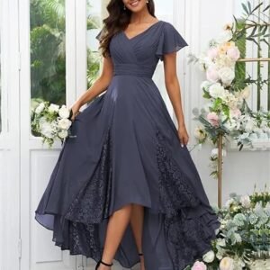 Tea Length Mother of The Bride Dresses for Wedding 2024 Lace Ruffle Sleeves Chiffon Ruched Bridesmaid Formal Dress（Desert Rose）