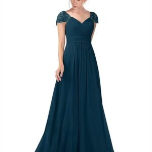 Women's Lace V Neck Prom Dress Long Chiffon Bridesmaid Dresses Formal Evening Gowns（Steel Blue）