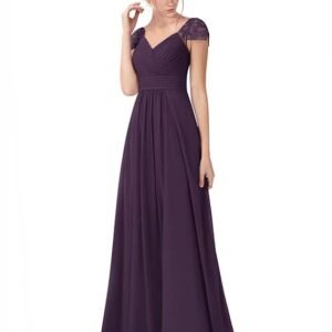 Women's Lace V Neck Prom Dress Long Chiffon Bridesmaid Dresses Formal Evening Gowns（Purple）