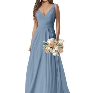 Women's V-Neck Chiffon Bridesmaid Dress Long A-line Formal Evening Prom Gowns（Blue）