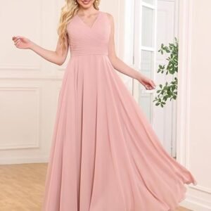 Women's V-Neck Chiffon Bridesmaid Dress Long A-line Formal Evening Prom Gowns（Pink）