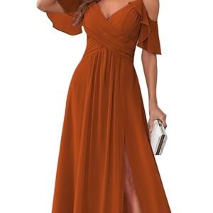 Women's Cold Shoulder Chiffon Bridesmaids Dresses with Slit Long Formal Party Dress for Junior (Burnt Orange)