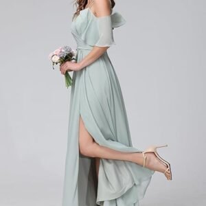 Women's Cold Shoulder Chiffon Bridesmaids Dresses with Slit Long Formal Party Dress for Junior (Blue)