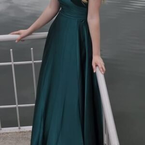 V Neck Prom Dress Satin Bridesmaid Dresses Long Slit Formal Evening Gowns for Women (Royal Green)