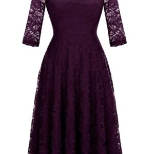 Long-Sleeve A-Line Lace Bridesmaid Dress Midi for Wedding Formal Party |Grape2 |XL