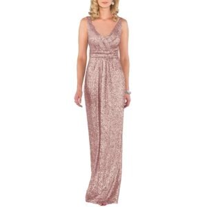 Sequin Bridesmaid Dresses Long Rose Gold V Neck Party Gowns