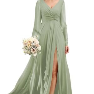 Chiffon Bridesmaid Dresses 2024 for Women with Slit V Neck Long Sleeve Flowy Formal Dresses with Pockets RO001 （Green）