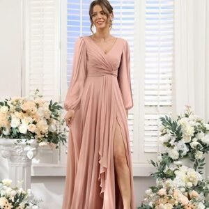 Chiffon Bridesmaid Dresses 2024 for Women with Slit V Neck Long Sleeve Flowy Formal Dresses with Pockets RO001 （Pink）