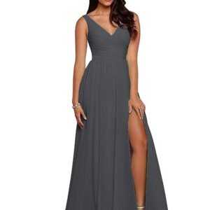 Women's Long A-Line Bridesmaid Dresses with Slit V-Neck Chiffon Prom Formal Dress B080