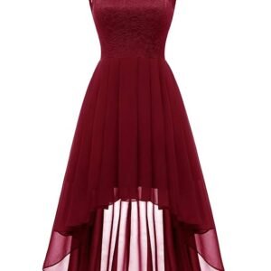 Women's Floral Lace Hi-Lo Bridesmaid Dress Formal Wedding Maxi Dress Dark Red