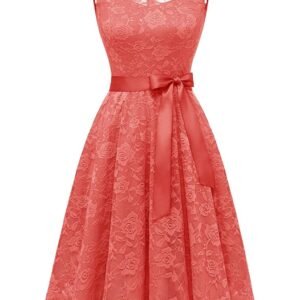 Women's Floral Lace Dress Short Bridesmaid Dresses with Sheer Neckline Coral