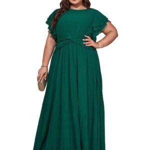 Women's Plus Size Butterfly Sleeve Ruffle Pleated Long Bridesmaid Dress Green