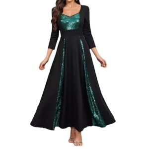 Women's Ethnic Sequined Ruffle Bridesmaid Cocktail Gown Long Dress Black