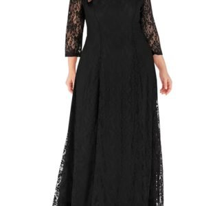 Women's Plus Size Lace Dress 3/4 Sleeve Bridesmaid Wedding Evening Gown Formal Cocktail Party Long Maxi Dresses-Black-3XL