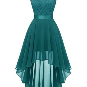 Women's Floral Lace Chiffon Bridesmaid Dress Hi-Lo Swing Party Dress, Peacock Green, Medium