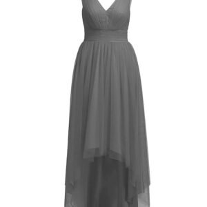 High Low Bridesmaid Dresses Tulle Hi-Lo Prom Party Dress V-Neck Evening Formal Gowns (Grey)