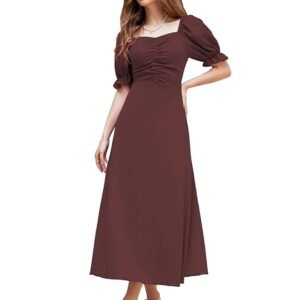 Girl's & Women's Solid A-Line Ruched Puff Sleeve Maxi Long Evening One Piece Long Dress for Women Stylish (Brown)