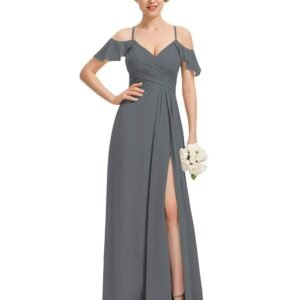 Women's Long Spaghetti Straps Bridesmaid Dress with Slit Off Shoulder Chiffon Formal Party Gowns MDPM128