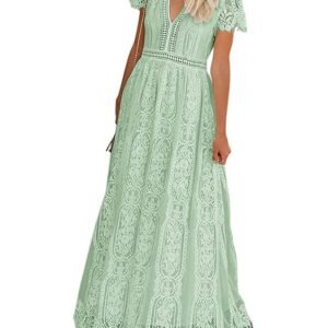 Women's V Neck Short Sleeve Floral Lace Wedding Dress Bridesmaid Cocktail Party Maxi Dress (Mint)