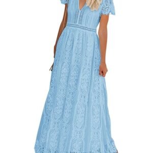 Women's V Neck Short Sleeve Floral Lace Wedding Dress Bridesmaid Cocktail Party Maxi Dress (Light Blue)
