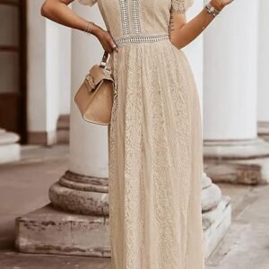 Women's V Neck Short Sleeve Floral Lace Wedding Dress Bridesmaid Cocktail Party Maxi Dress (Apricot)