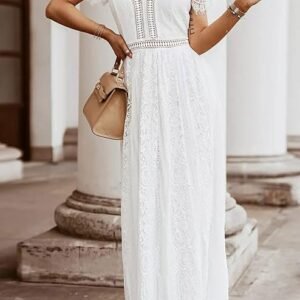 Women's V Neck Short Sleeve Floral Lace Wedding Dress Bridesmaid Cocktail Party Maxi Dress (White)