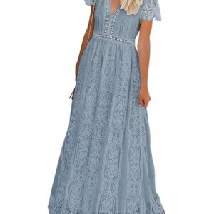Women's V Neck Short Sleeve Floral Lace Wedding Dress Bridesmaid Cocktail Party Maxi Dress (Grayblue)