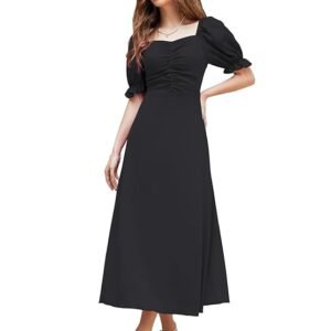 Girl's & Women's Solid A-Line Ruched Puff Sleeve Maxi Long Evening One Piece Long Dress for Women Stylish (Black)