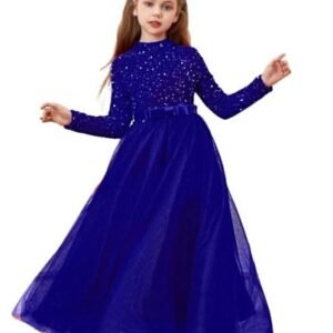 Glitter Sequins Long Sleeves Flower Girls Dresses for Wedding Tulle Birthday Party Christmas Dress for Girl (BLUE)