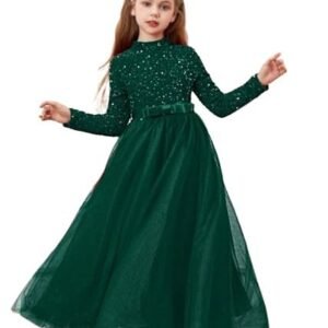 Glitter Sequins Long Sleeves Flower Girls Dresses for Wedding Tulle Birthday Party Christmas Dress for Girl (GREEN)
