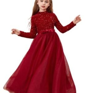 Glitter Sequins Long Sleeves Flower Girls Dresses for Wedding Tulle Birthday Party Christmas Dress for Girl (Red)