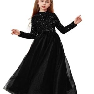 Glitter Sequins Long Sleeves Flower Girls Dresses for Wedding Tulle Birthday Party Christmas Dress for Girl (BLACK)