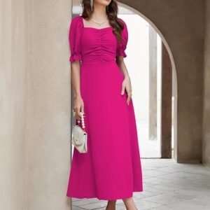 Girl's & Women's Solid A-Line Ruched Puff Sleeve Maxi Long Evening One Piece Long Dress for Women Stylish (Hot Pink)