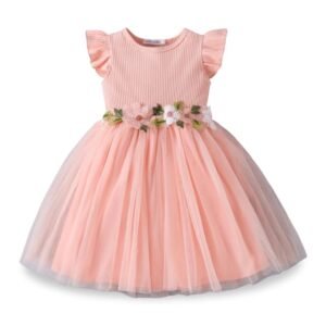 Peach Floral Tulle Dress with Ribbed Bodice, Ruffled Sleeves, 3D Flower Waistband & Soft Net Skirt for Party & Casual Wear for Girls