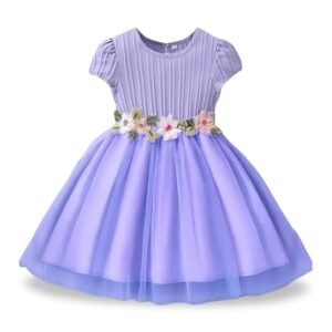 Girls’ Lilac Flower Waist, Tulle Skirt, Puff Sleeve, Elegant Birthday, Soft Lining Dress (Purple)