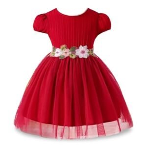 Girls’ Lilac Flower Waist, Tulle Skirt, Puff Sleeve, Elegant Birthday, Soft Lining Dress (Red)