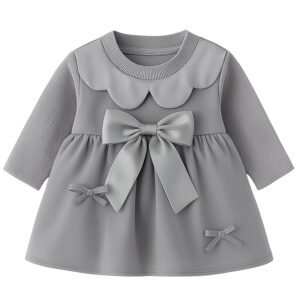 Baby Girl Long Sleeve Princess Dress – Soft Cotton Round Neck Flower Dress for Toddler Girls, Birthday, Party & Casual Wear (Grey AD2)