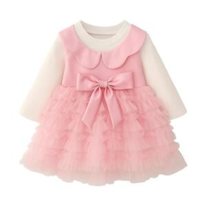 Baby Girl Long Sleeve Princess Dress – Soft Cotton Round Neck Flower Dress for Toddler Girls, Birthday, Party & Casual Wear (Pink AD3)
