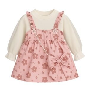 Baby Girl Long Sleeve Princess Dress – Soft Cotton Round Neck Flower Dress for Toddler Girls, Birthday, Party & Casual Wear (Pink AD5)
