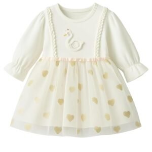Baby Girl Long Sleeve Princess Dress – Soft Cotton Round Neck Flower Dress for Toddler Girls, Birthday, Party & Casual Wear (White AD4)
