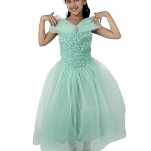 Kids Net Fabric Full Length Maxi Embroidered Gown Dress for Girls with Brooch - Special Occasion | Casual & Function Wear | Sleeveless