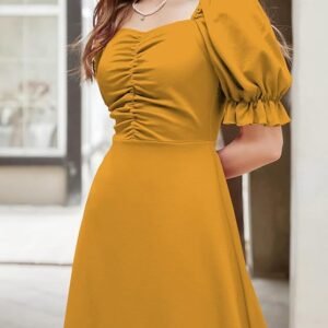 Girl's & Women's Solid A-Line Ruched Puff Sleeve Maxi Long Evening One Piece Long Dress for Women Stylish (Mustard)