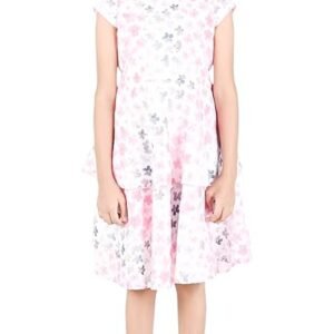 Floral Print Midi Dress, Cap Sleeve, Ruffle Detail, Blue with Pink Flowers