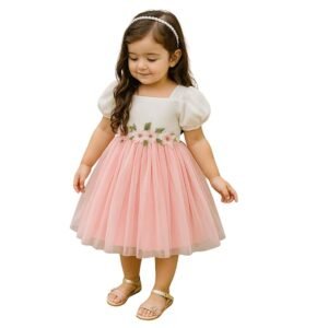 Girls Dress with Puff Short Sleeves Floral Embroidery Net and Modal Toddler Outfit for Kids (Pink)