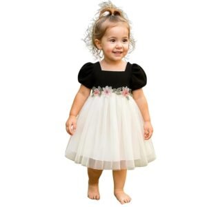 Girls Dress with Puff Short Sleeves Floral Embroidery Net and Modal Toddler Outfit for Kids (Black)
