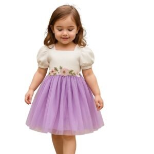 Girls Dress with Puff Short Sleeves Floral Embroidery Net and Modal Toddler Outfit for Kids (Purple)