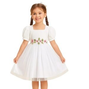 Girls Dress with Puff Short Sleeves Floral Embroidery Net and Modal Toddler Outfit for Kids (White)