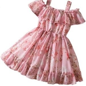 Girl's Floral Printed Frock Dress for Girls Short Frock Baby Princess Western Dresses| Stylish Fancy Kids Clothing for Festival, Fashion (Pink)
